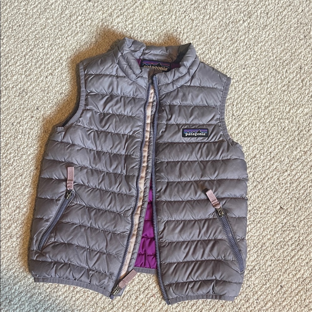 Patagonia Gray Puffer Vest with Purple Lining
